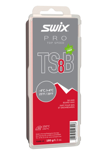 detail ​Swix TS08B-18 Top Speed B – Červený skluzný vosk pro závodní použití (-4 °C až +4 °C, 180 g)