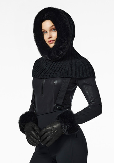 detail Dámský šál s kapucí Goldbergh Naomi Hooded Scarf Faux Border Black